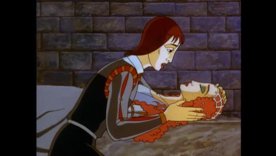Screenshot from welshe animated romeo and juliet. Romeo leans over dead juliet in the cavern.