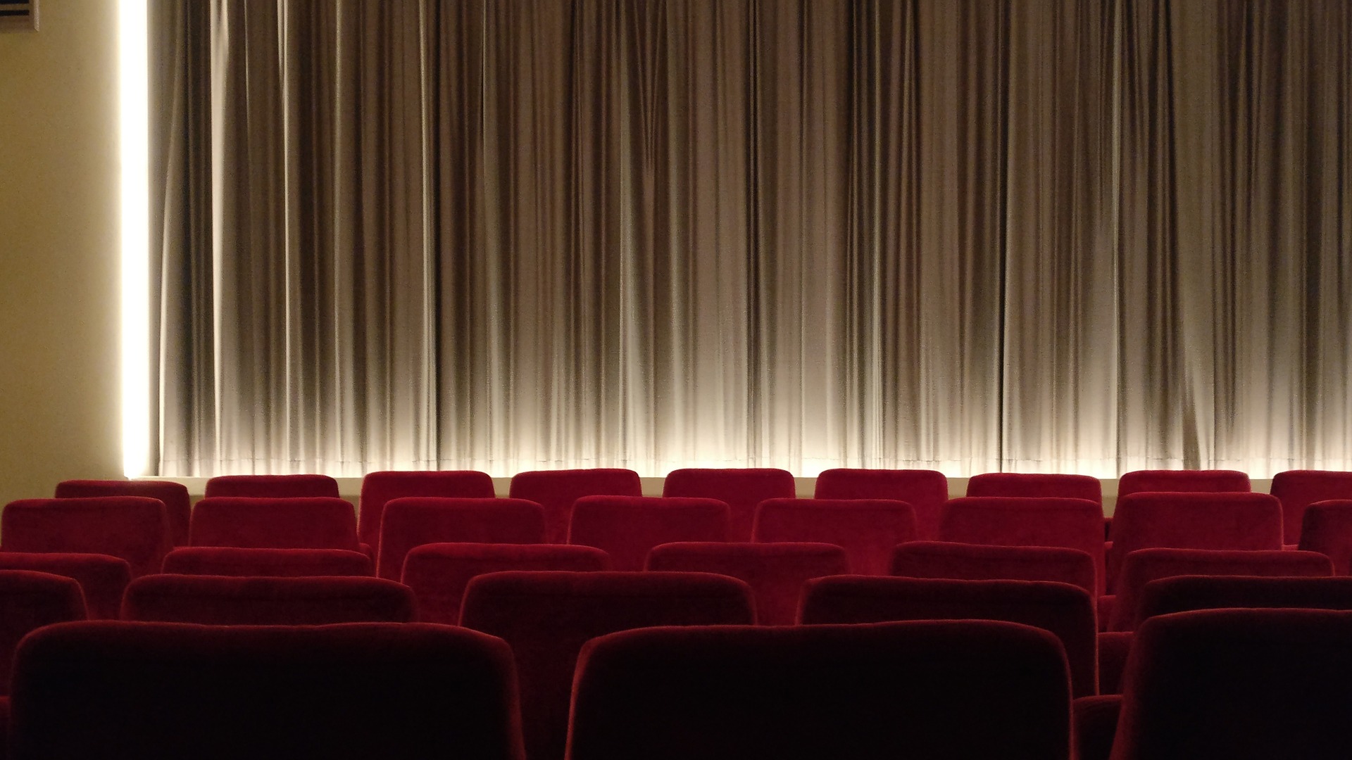 Red seats in rows in a cinema facing the curtains